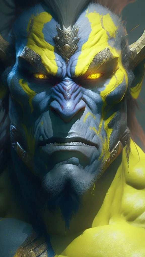 A Na'vi Ogre warrior with large yellow eyes, warrior painted skin, starring at the viewer, 8k resolution concept art portrait by Greg Rutkowski, Artgerm, WLOP, Alphonse Mucha dynamic lighting hyperdetailed intricately detailed Splash art trending on Artstation Unreal Engine 5 volumetric lighting, by Hajime Isayama