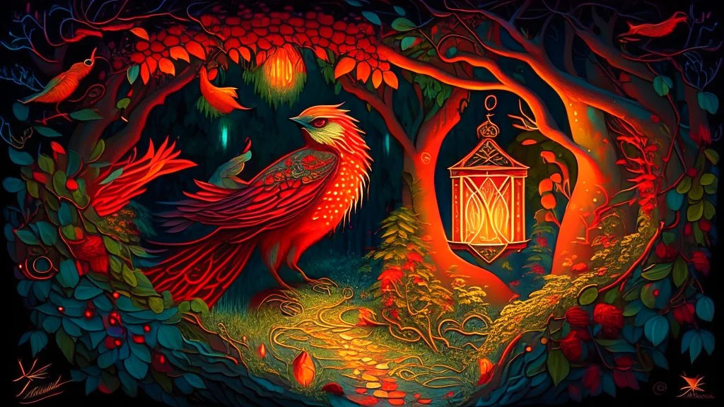 Slavic mythology enchanting garden with lush greenery and beautiful stone winding paths with small lanterns in the trees. It's twilight. Depict only one creature: the Firebird. The body of the Firebird is adorned with feathers of vibrant red, orange, and gold, each one glowing with an otherworldly brilliance.