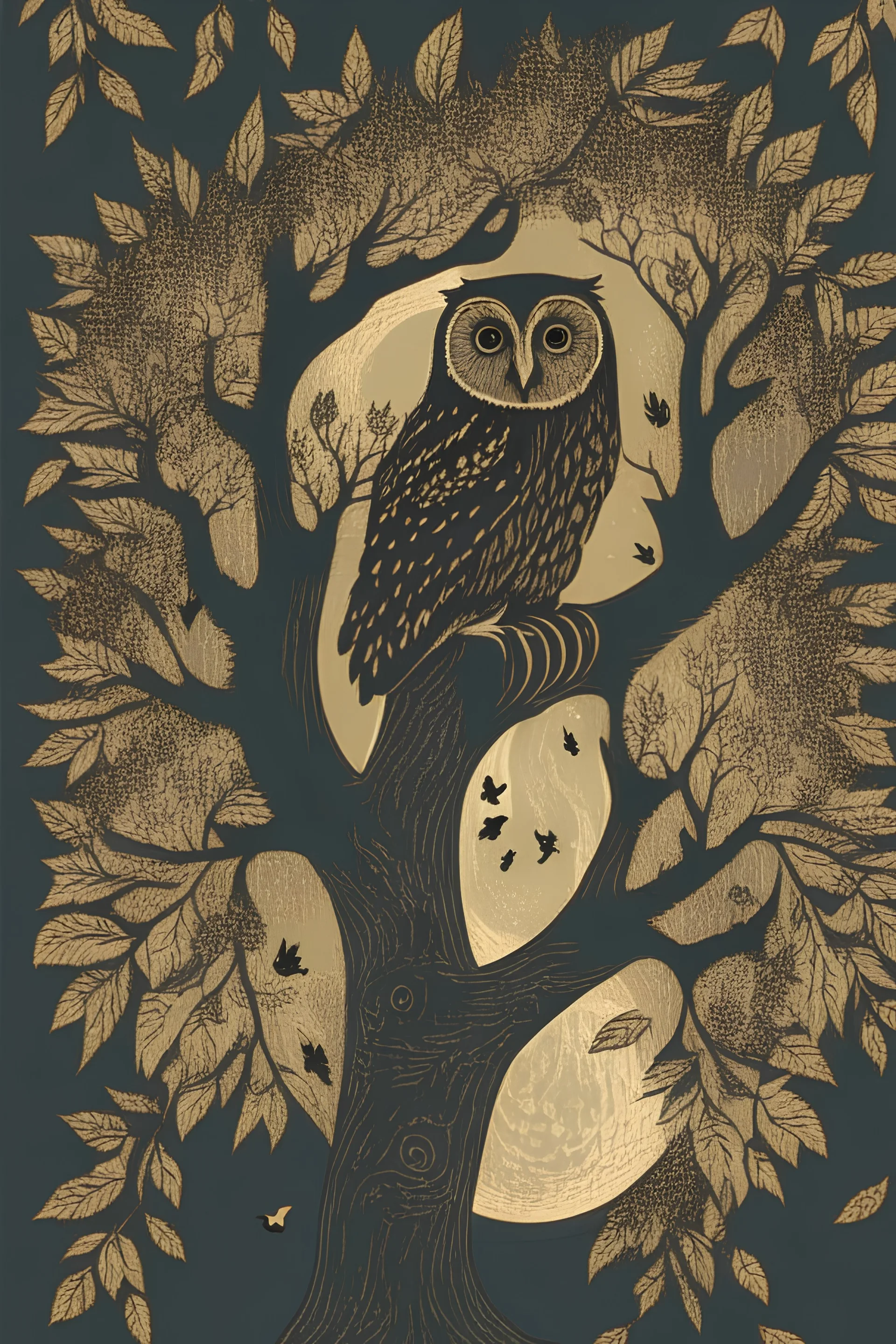 in a cosy vintage style, an owl sits in a black tree