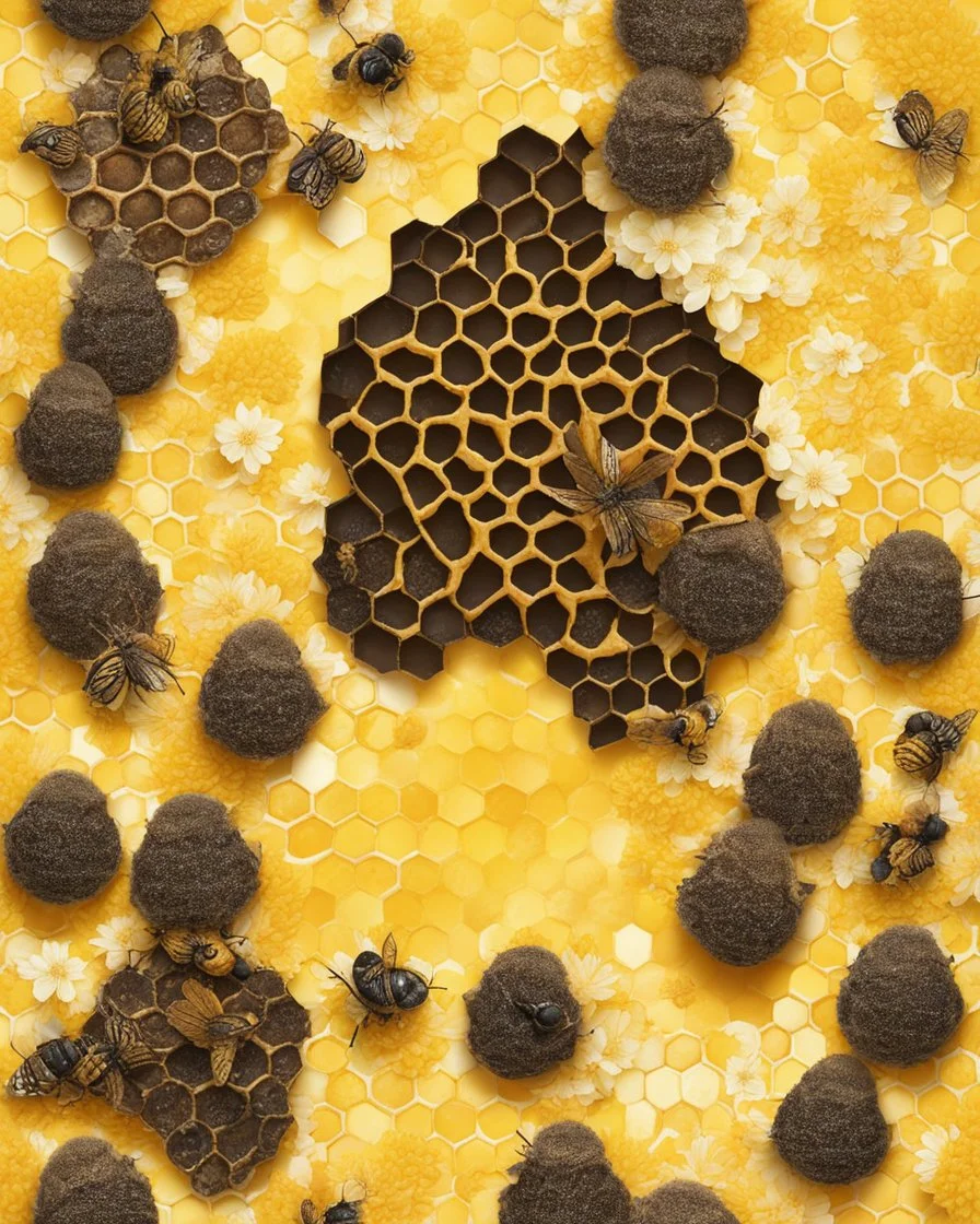 honeycomb and beehive on a yellow floral background