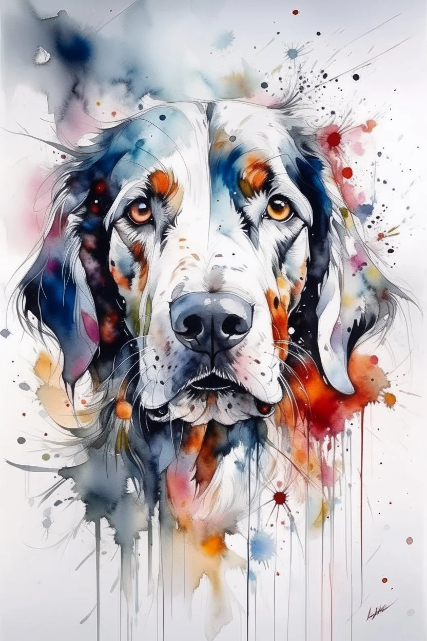 A portrait of a bernadoodle dog by Agnes Cecile by Willem Haenraets, loose watercolour, wet on wet and splattering and dripping techniques, centred, perfect composition, abstraction, surrealism