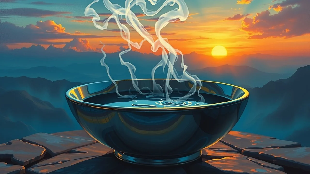 reflective ceramic bowl of steaming liquid, sunset in background, fantasy art, painting, surrealism