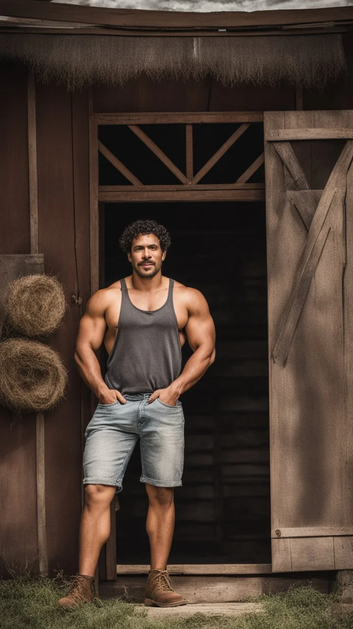 half figure photography of a burly beefy muscular brazilian farmer 29 years old, sweat, short curly hair, big moustach, manly chest, hand on the fap, manly chest with tank top, on the door of a large barn, under the sun