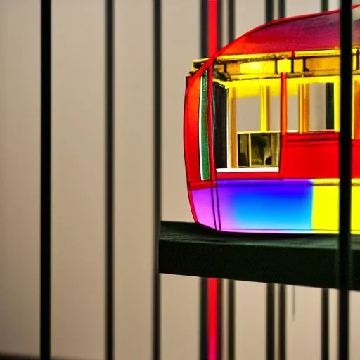 an architectural model of a colorful glass gondola on display in a contemporary art gallery in a bell jar, caustic reflections, frosted glass, glossy from rain, rayonnant style, bokeh, dramatic lighting