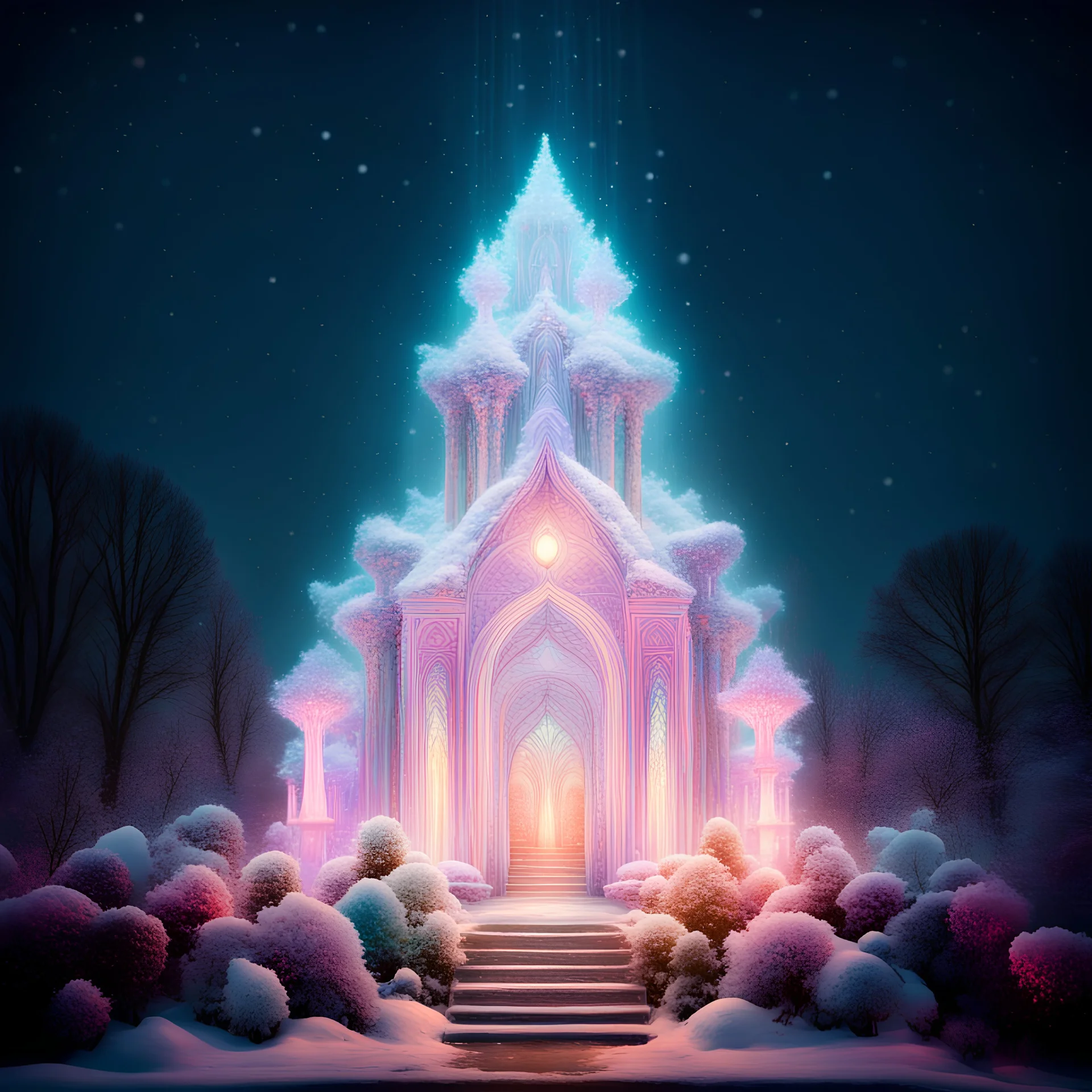 its winter at the luminary gardens temple of delight. It's a dmt realm, with trees covered in snow, love in the air, rainbows, angels, and even a waterfall.