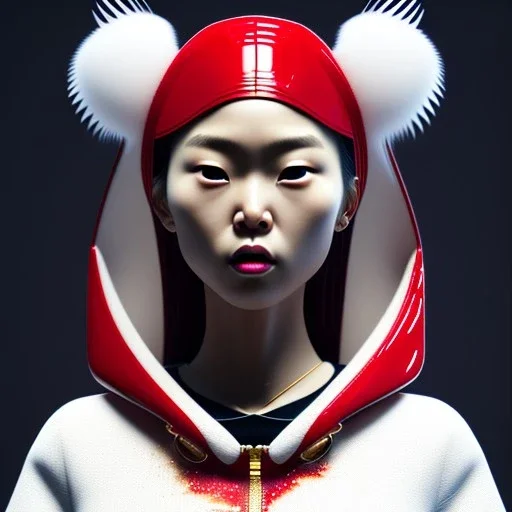 Japanese woman, rounded face, bubble gum, gold, white, red, hoodie, feathers, retro, latex, leather, soft color, highly detailed, art stations, concept art, smooth, unreal engine 5, god rays, ray tracing, RTX, lumen lighting, ultra detail, volumetric lighting, 3d, finely drawn, high definition, high resolution, neon background.