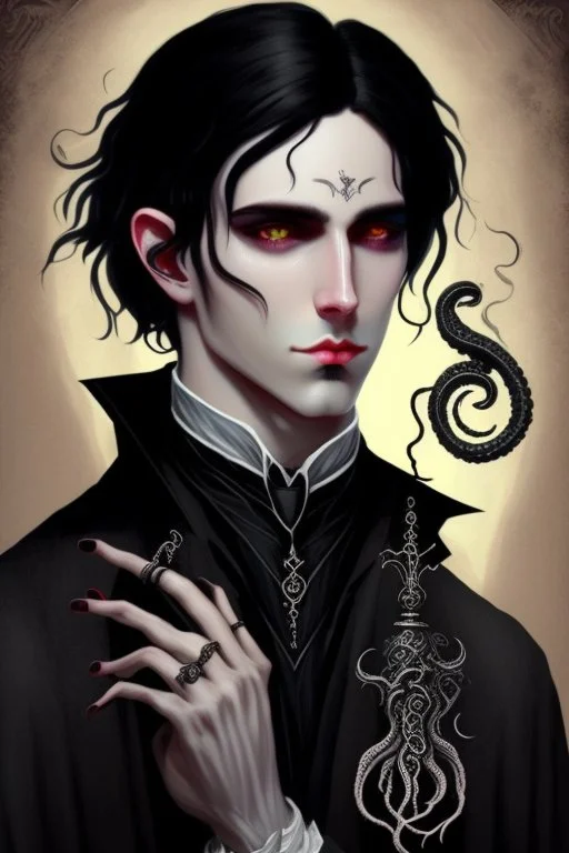 black haired young man necromancer wizard with gothic jewelry and tentacle fingers in the style of Fyodor Pavlov