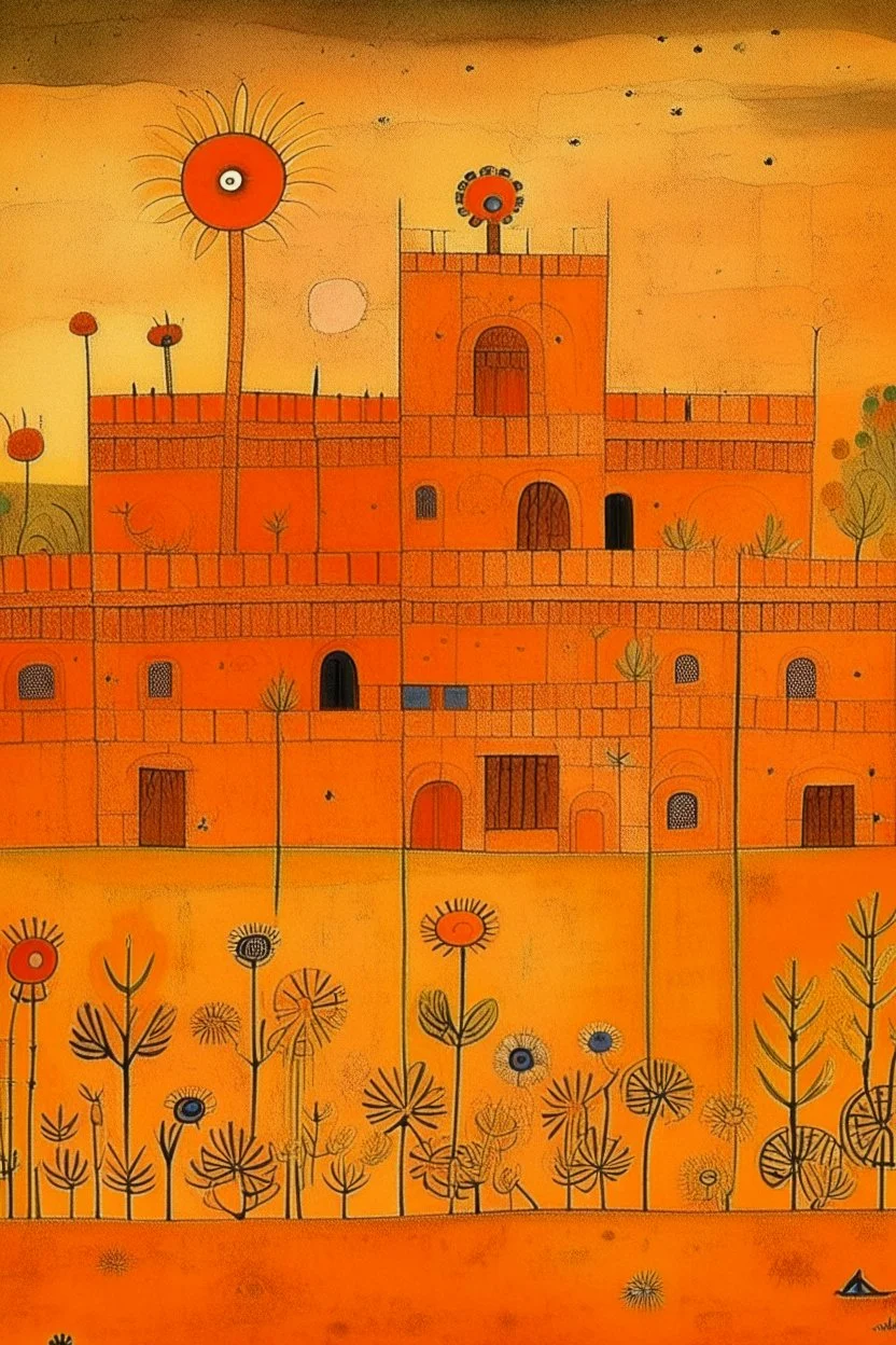 An orange colored desert palace with daisies painted by Paul Klee