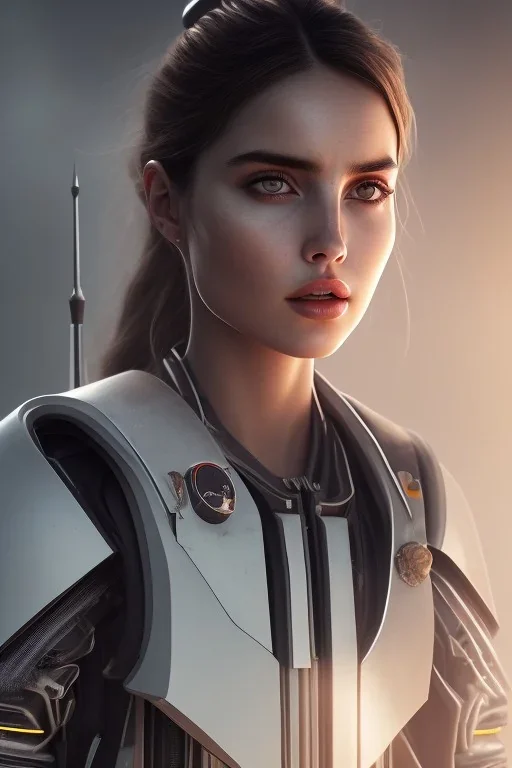 Ana de Armas, identical features, Black intergalactic pilot suit, portrait, bright white eyes, wearing high tech pilot breathing mask, beautiful face, white smoke, dark, rage, sorrow, high definition, ultra 8 k, volumetric lighting, blue fire, fog