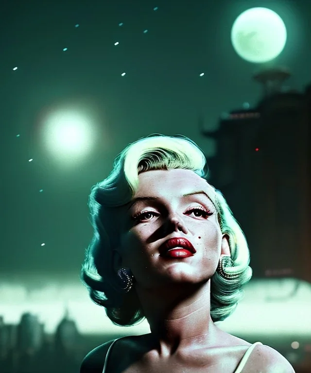 Ultra Realistic retro sci-fi scene, portrait, blonde woman, sweet young Marilyn Monroe face, perfect iris, tight latex coat, Strange planet background, Retro sci-fi style helmet, fog, rain, soft color, highly detailed, unreal engine 5, ray tracing, RTX, lumen lighting, ultra detail, volumetric lighting, 3d, finely drawn, high definition, high resolution.