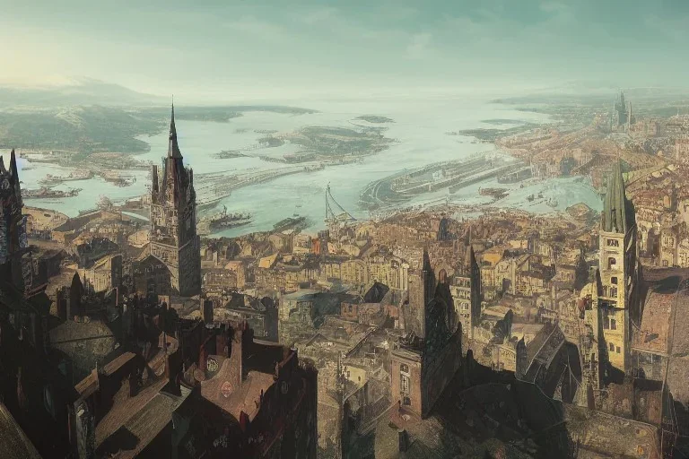 Quebec city hill+Livorno canal+bridges+corner building on hill+Gothic city+BioShock+Dishonored+Bloodborne +trieste+Edinburgh+Chicago+victorian London+decòpunk Skyscraper+ +steampunk+biopunk+alphonse mucha, greg rutkowski,matte painting, cryengine, hyper detailed, felix kelly, fantasy art, seb mckinnon