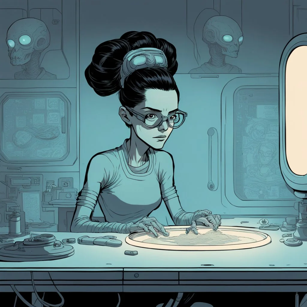 [mexican comics Head Lopper style by Andrew MacLean] In the soft glow of the alien spacecraft's sterile examination room, a brunette with glasses and a neat bun lay sprawled on the cold, metallic operation table. Her slender form was bathed in the eerie light emanating from strange, pulsating devices around her. The aliens, with their otherworldly features and advanced technology, moved around her with a mix of clinical precision and curious fascination.