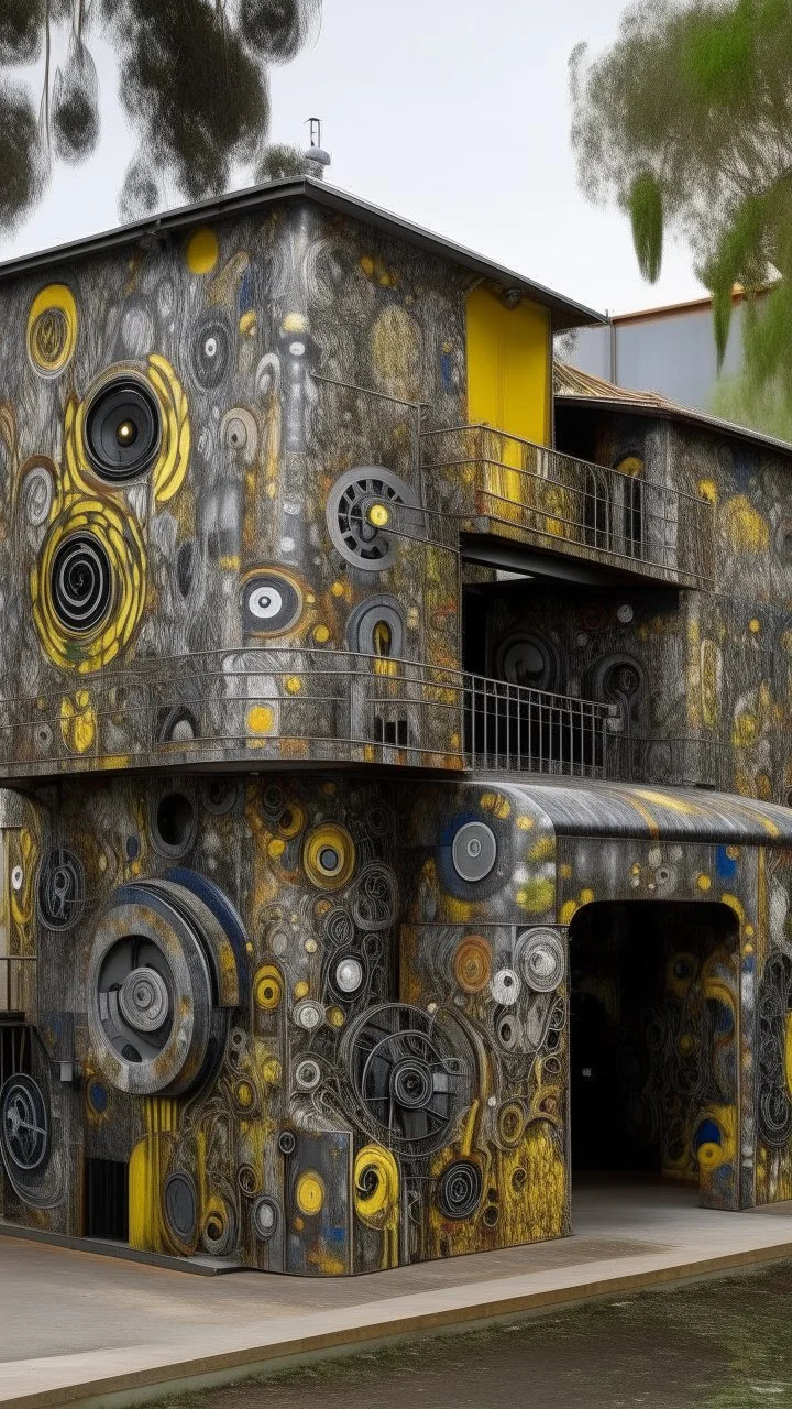 A gray mechanical factory made out of steel designed in Australian aboriginal art painted by Gustav Klimt