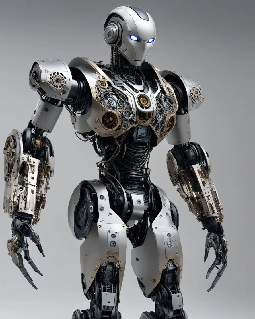 Create an image of a highly detailed and realistic humanoid robot with intricate designs, featuring mechanical components such as gears, wires, and metal plates that reflect a high level of realism and complexity. The robot should have a design that suggests advanced technology, possibly with elements that mimic human anatomy but in a mechanical form.