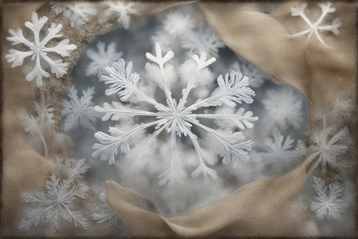 snowflakes, flowers, blur 5%, double exposure, merged layers, silver glitters, in the first part (near to us) of the picture you can see a plain sandblown smoked glass, engraved with a folk art pattern, the glass is cracked in several places, in some places the glass is broken, crumpled burlap, through it you can see a tropical rainforest with a waterfall, mist, tooth, sunrise