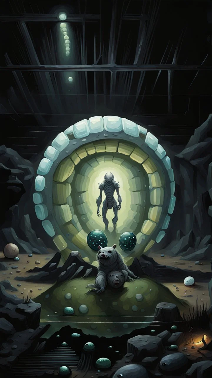 Dark fantasy painting art style. A man-sized, iridescent, naturally armored hexapod larvae. A child-sized, gray, apodous creature with a segmented, rotund torso. A bear-sized, black, apodous creature with a segmented, rotund torso surrounded by alien eggs. Within a pitch black cave