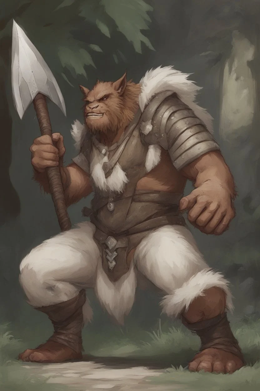 Dnd a young bugbear with WHITE fur and leather armor, tusks