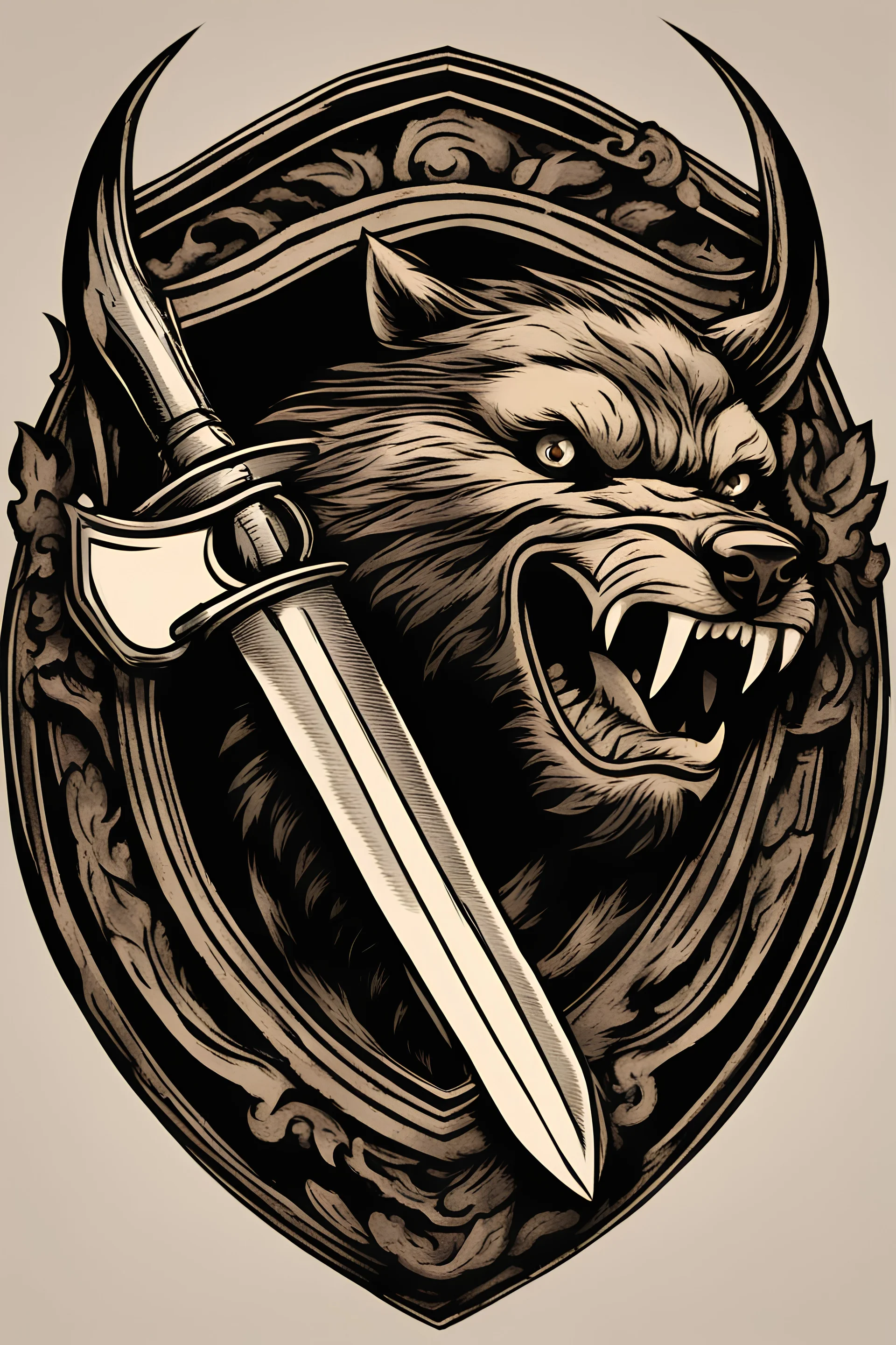 a medieval crest of a wolverine tightly gripping a wand