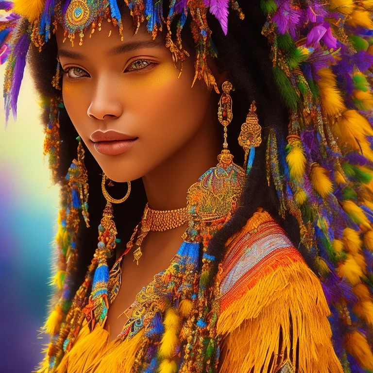 bright brazilian indigenous, beautiful portrait, flowery landscape, light