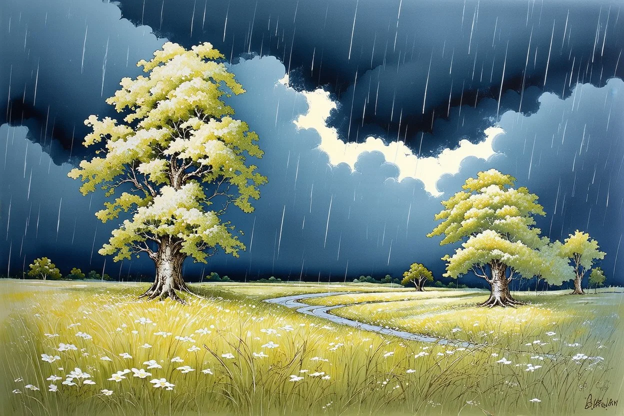 summer thunderstorm, Trees, , Dark Clouds, Bad Weather, June, wet in wet Modifiers: beautiful Arthur Rackham Jean-Baptiste Monge Josephine Wall Thomas Wells Schaller shabby chic Pencil and pastel sketch pastel patchwork line art