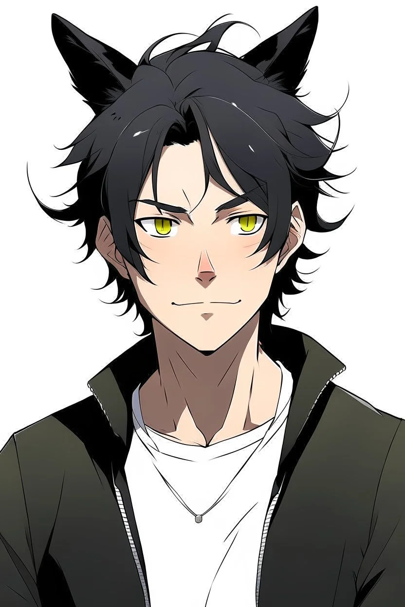 A anime adult man with messy black hair, large black cat ears and tail