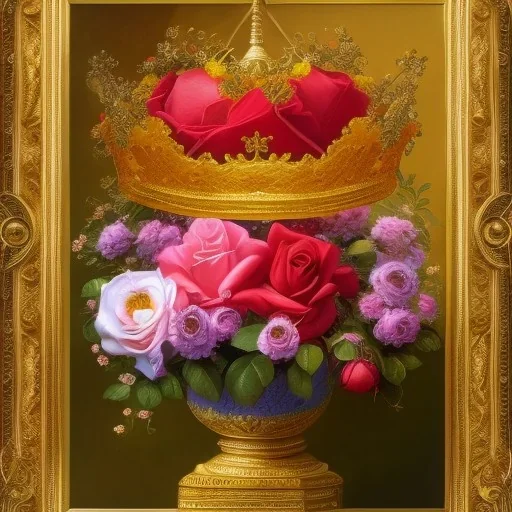 a dreamy yet sorrowful oil painting of a detailed golden crown next to a red rose on a bench in a flower garden