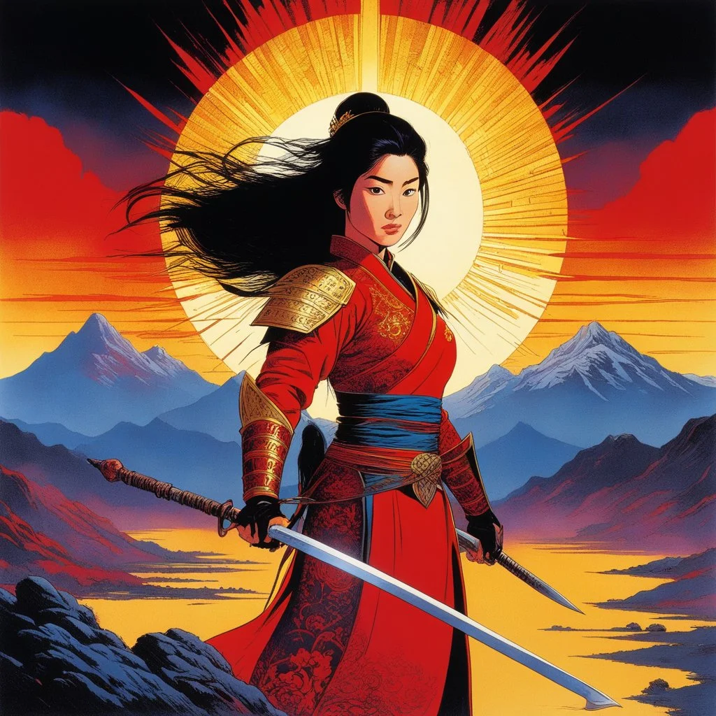 [art by Philippe Druillet] Mulan, a young woman with fire in her eyes and courage in her heart. Trained in the art of war by her wise mentor, she stands ready to face the looming darkness that threatens her homeland.As the sun rises over the distant mountains, casting a golden glow upon the training grounds, Mulan takes up her polearm with grace and determination. With each fluid movement, Mulan channels the spirit of her ancestors,