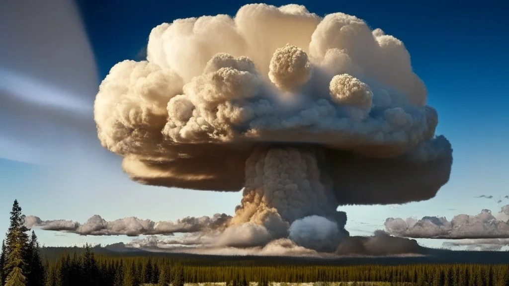 Siberia scenery,taiga forest, consisting of tall trees and dense vegetation, a mushroom-shaped cloud rises into the sky. The cloud is depicted as a massive column of smoke, dust, and debris, ascending vertically and spreading out at the top, forming a distinctive mushroom-like shape, high resolution photo 24K, high quality, ultraHD, cinematic lighting,