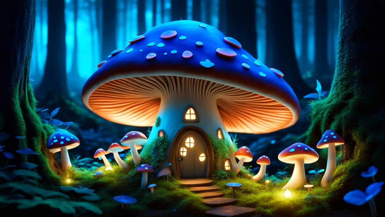 A fairy mushroom house in an enchanted bioluminescent forest.