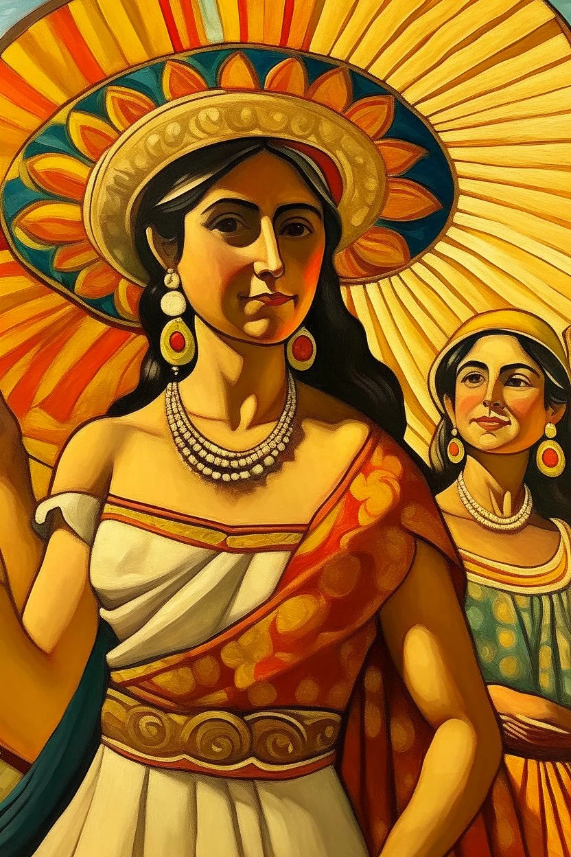 2 mexican woman painting neoclassism whole body zoom the sun