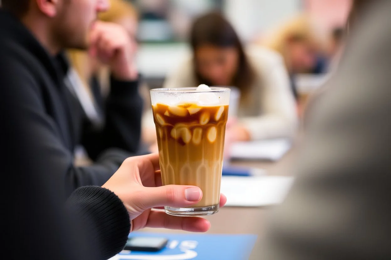 looking through class into an Iced Coffee