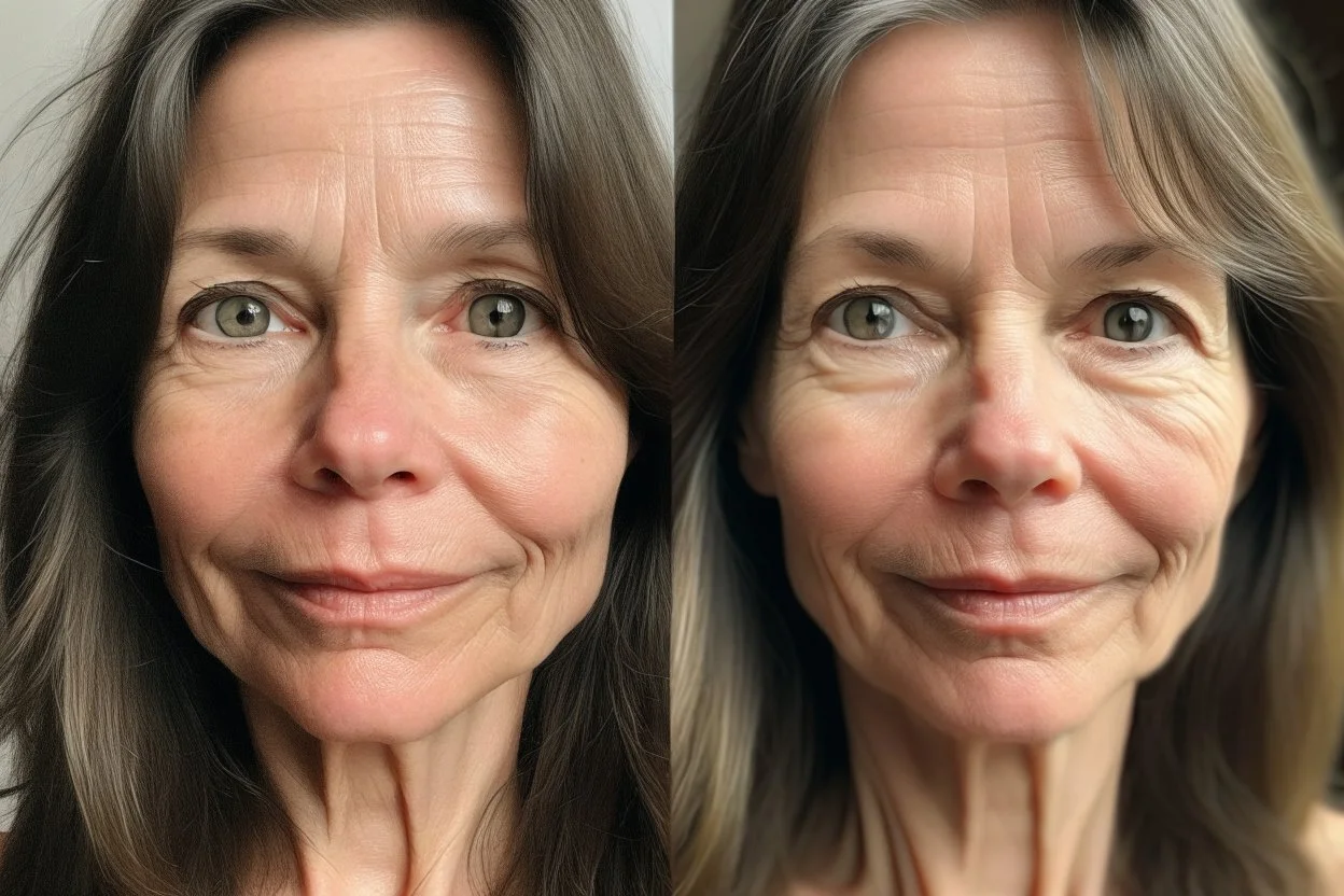 A selfie of a brunette woman, middle long hair, showing a 59-year-old European woman. She has brown hair, face without makeup, cute nose, detailed full lips, skin texture. Split screen and show on the right side the same face but without wrinkels and younger and more beautiful