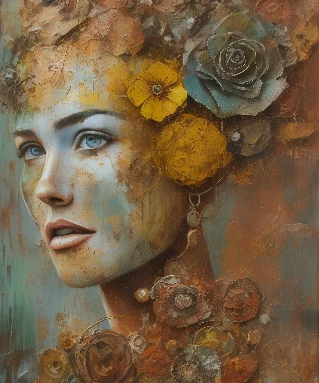  an abstract painting of rusted metal and flowers, african portrait, rust, scaffolding, iron cladding, decay, mixed media, textured, anatomically correct, beautiful perfect face, sharp focus, highly detailed, injured face