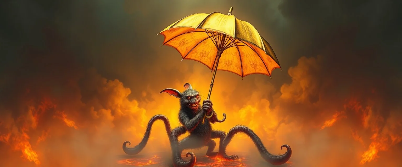 smite by god was the evil furry goblin gremlin winged centipede man holding a golden umbrella in a pool of smoke and lava in the style of Escher and Giger.