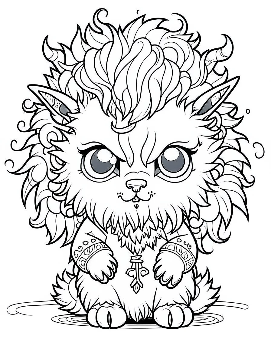 coloring page, big Gothic chibi werewolf with wild, fluffy hair, Manga style, thick lines, low detail, no shading, --ar 9:11 --v 5
