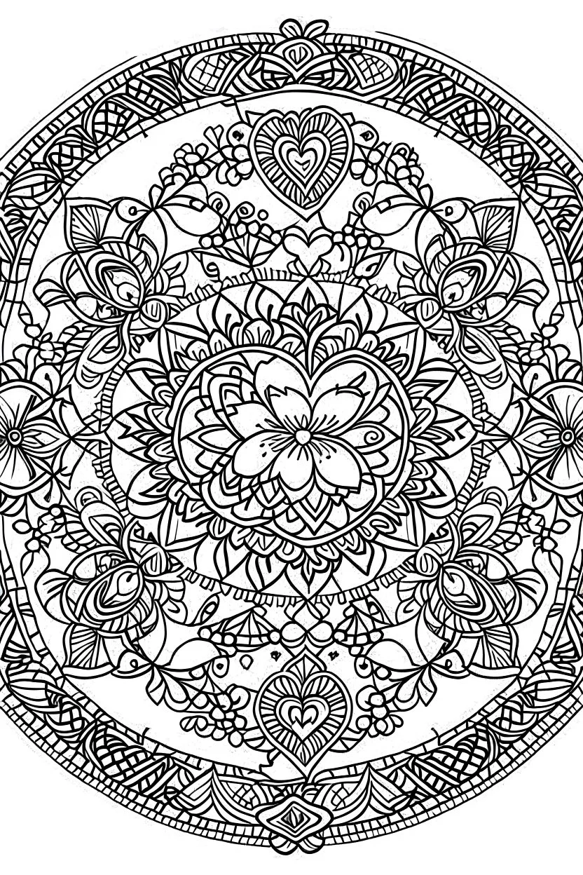 kids coloring page, mandala of flowers and hearts, cartoon style, thick lines, low detail, no shading