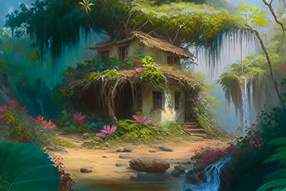 beautiful big flower tropical tree, little straw house dirty old abandoned, stream, bushes, grass and vine, small cliff, dwarf rocks, bright contrast, realistic painting, concept art, tropical forest background, hyperdetailed painting, by konstantin razumov