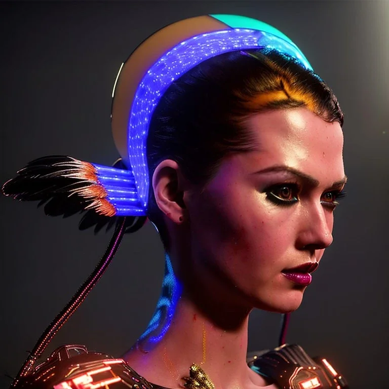 pretty cyber woman, latex, cables, futuristic, blood, black, gold, brown, decorative color feathers, simétrico, circuits, neon style, a lot of led lights, fog, rain, vibrant color, highly detailed, art stations, concept art, smooth, unreal engine 5, god rays, ray tracing, RTX, lumen lighting, ultra detail, volumetric lighting, 3d, finely drawn, high definition, high resolution.