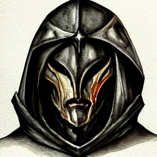 dnd, fantasy, watercolour, portrait, head, face, ilustration, dark cultist, hooded figure, armour, satanic