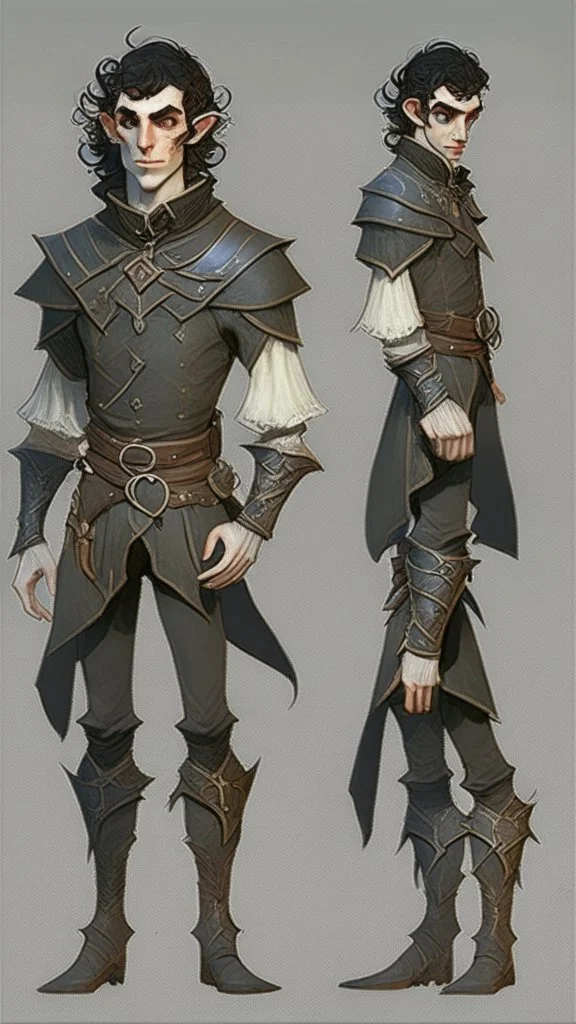 turnaround character of a man elf, he has curly, black hair and sharp cheekbones. His eyes are black. pale skin. He wears fantasy medieval clothes. full body with boots