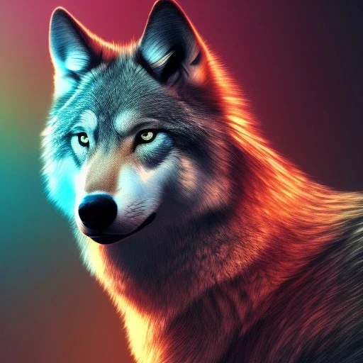 Wolf, red, orange, yellow, green, blue, purple, masterpiece, expert, 8K, hyperrealism, sharp focus, cinematic lighting