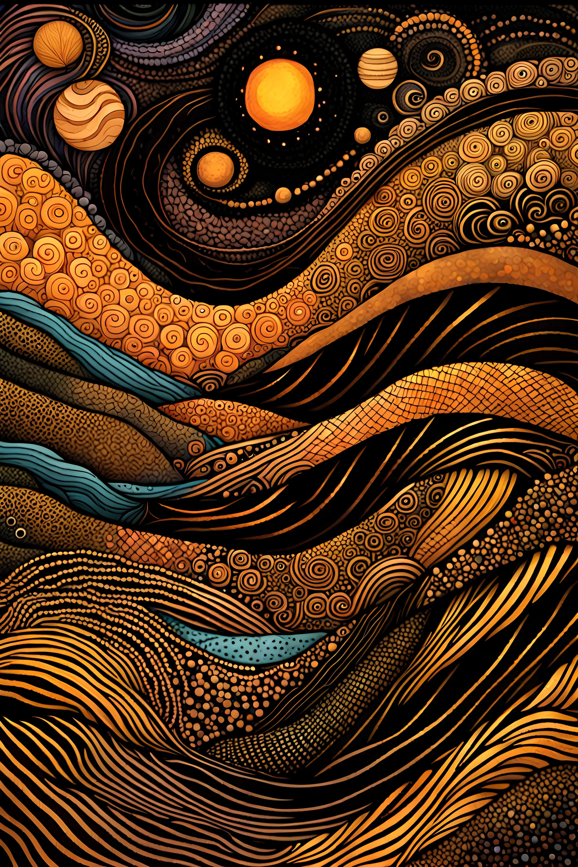 random color Zentangle patterns in the styles of Fumihiro Kato, Rebecca Vincent, Yayoi Kusama, Kiyoshi Awazu and Kay Nielsen that depict rolling hills and flowing rivers, cosmic swirls, dot painting, planets, black and gold