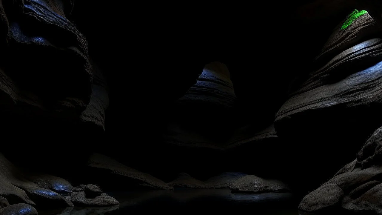 dark rock cave, looking upward as the cave continues upward. A stream runs down the the left side, lined by a small dam, in the style of jordan grimmer