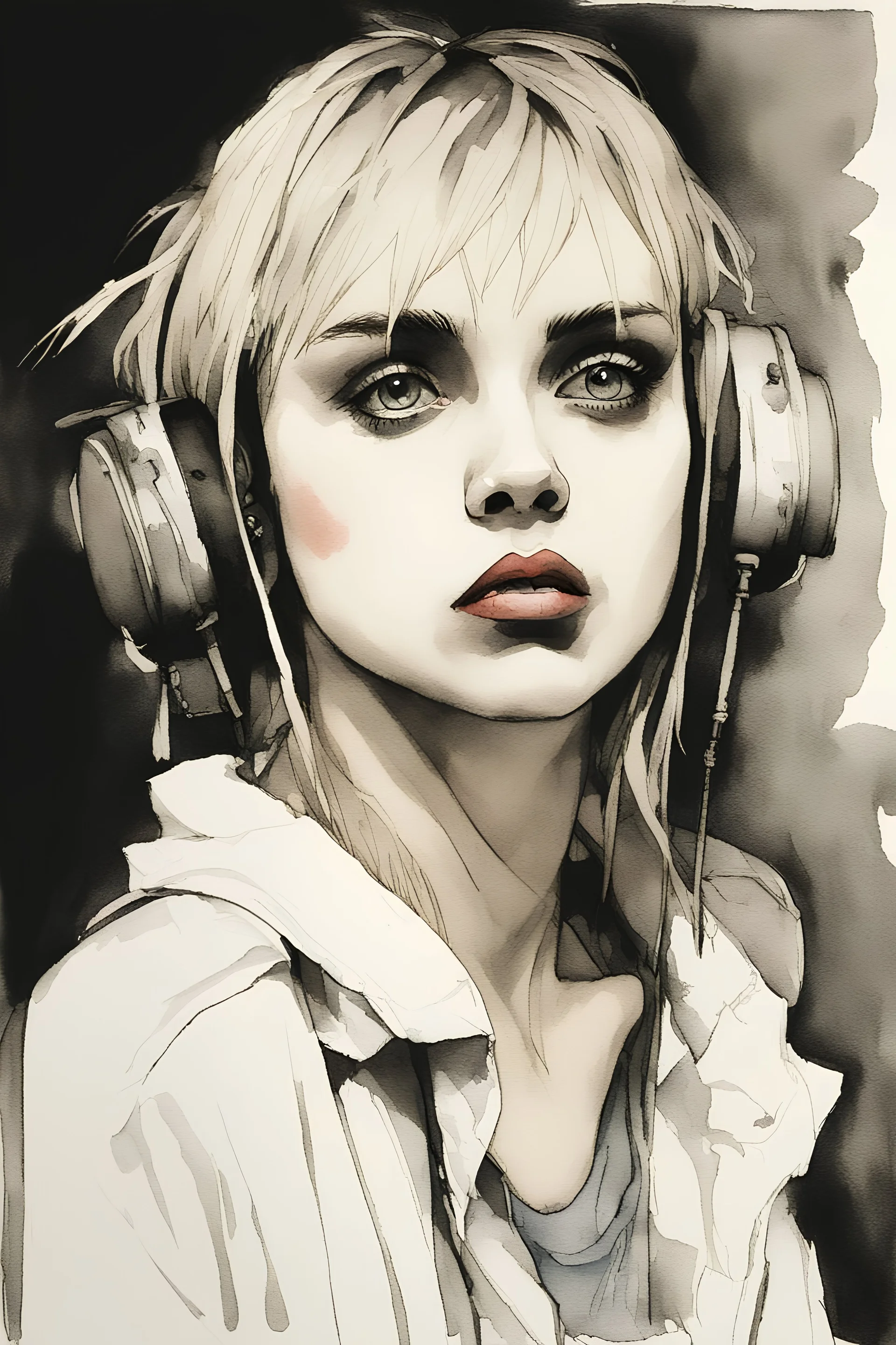 Singer Danish MØ face, watercolor illustration by <John Kenn Mortensen> <Yoji Shinkawa>,