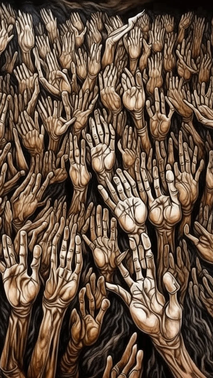 a field of thousands of hands of bodies buried in the ground not visible, horror, hands with different fingers shapes Busch painting style nightmare and thin line draw