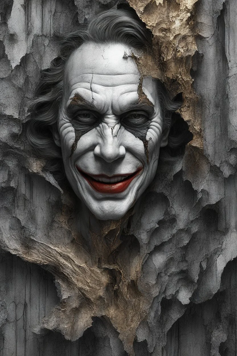 surrealis monochrome A fragmented, surreal sculpture liguid color of photorealistic image 3d,psychedelic art of the joker frmad face glossy emerging from dreamlike a crumbling building. The face appears pale with deep cracks and intricate details, evoking a haunting expression. Blackened tree branches intertwine with the gold mengkilat cracks, set against a backdrop of stormy, cloud-filled skies. bauhaus art The overall tone is dark and moody, suggesting themes of decay and transformation.