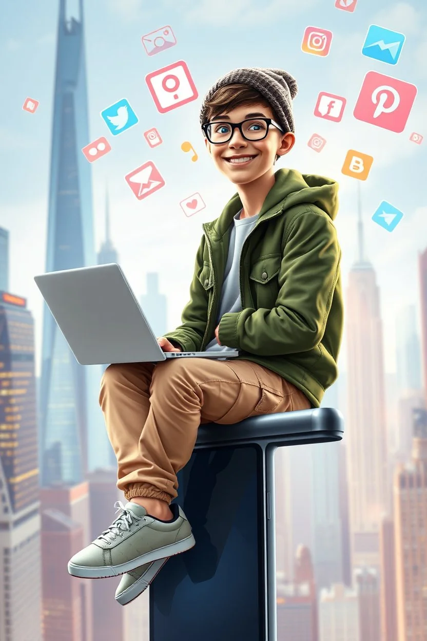 A highly detailed digital artwork of a cheerful young man sitting casually on the edge of a giant smartphone screen, blending the digital and real worlds. He wears glasses, a beanie, a green jacket, beige cargo pants, and sneakers, holding a laptop with a smile. The background merges city skyscrapers, futuristic buildings, and floating digital icons, symbolizing technology, creativity, and social media. The scene is modern, vibrant, and imaginative, with soft lighting, cinematic depth, and a mix
