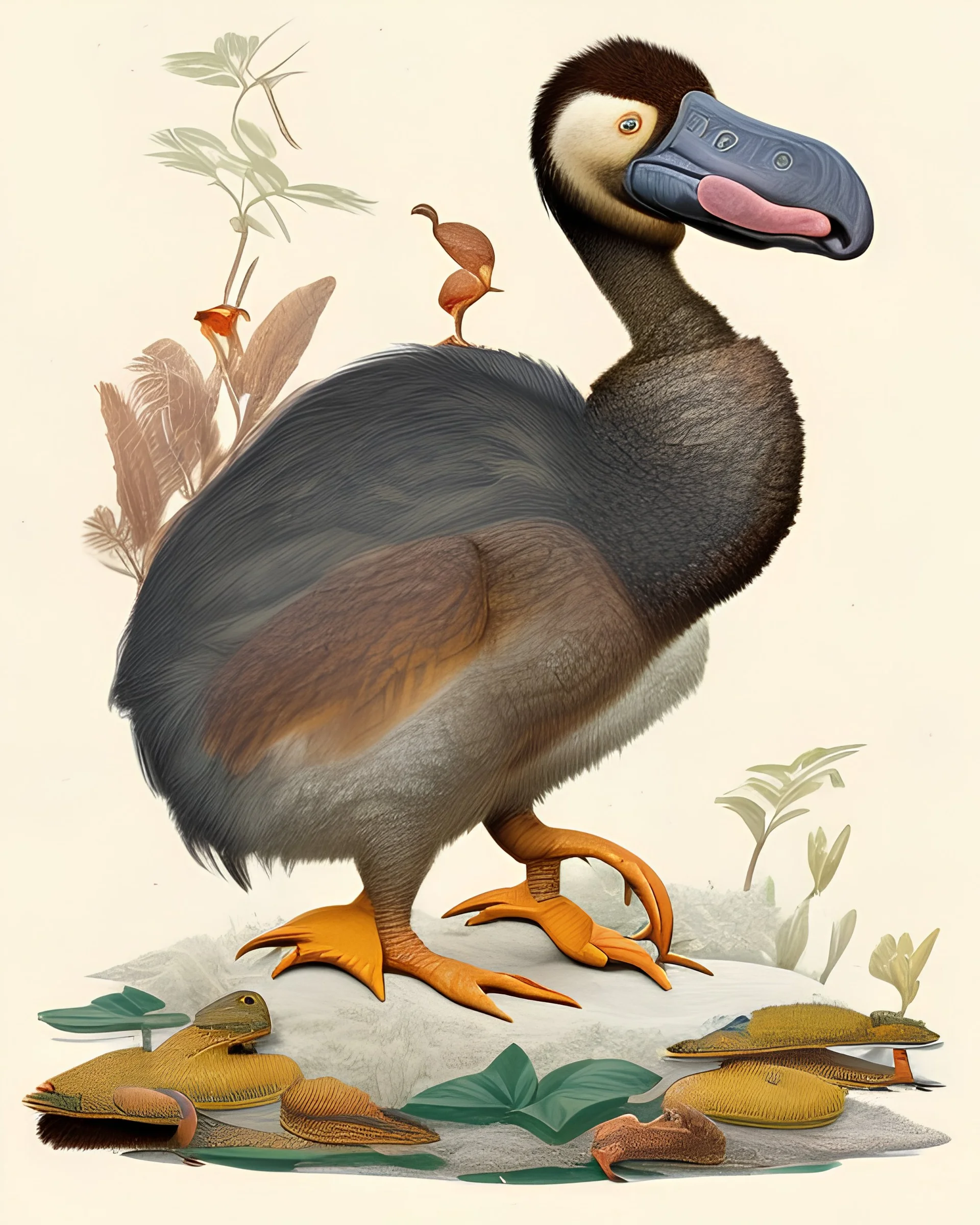 John James Audubon-like illustration of a fully uncropped Dodo bird and a Platypus in a landscape of warm yellows, warm reds, and warm blues