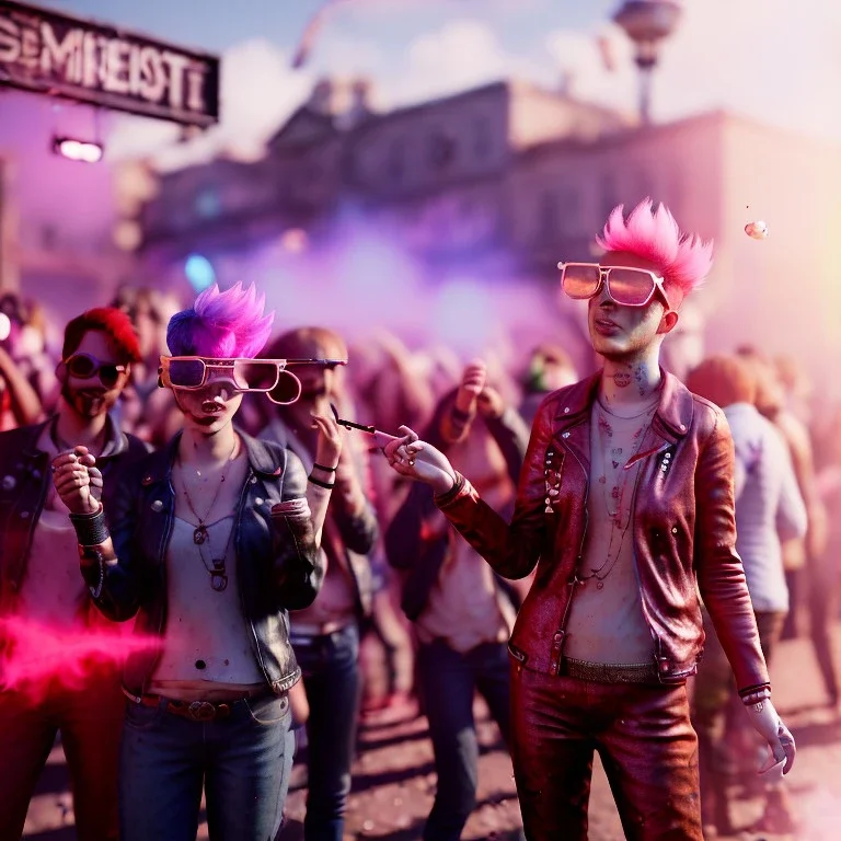 Ultra Realistic photo, medium shot view, drunken women, carnival scene, sexy steampunk. Pink hair, confeti, Sunglasses, smoking, happy, festival, red fog. highly detailed, concept art, unreal engine 5, ray tracing, RTX, lumen lighting, ultra detail, volumetric lighting, 3d, finely drawn, high definition, high resolution.