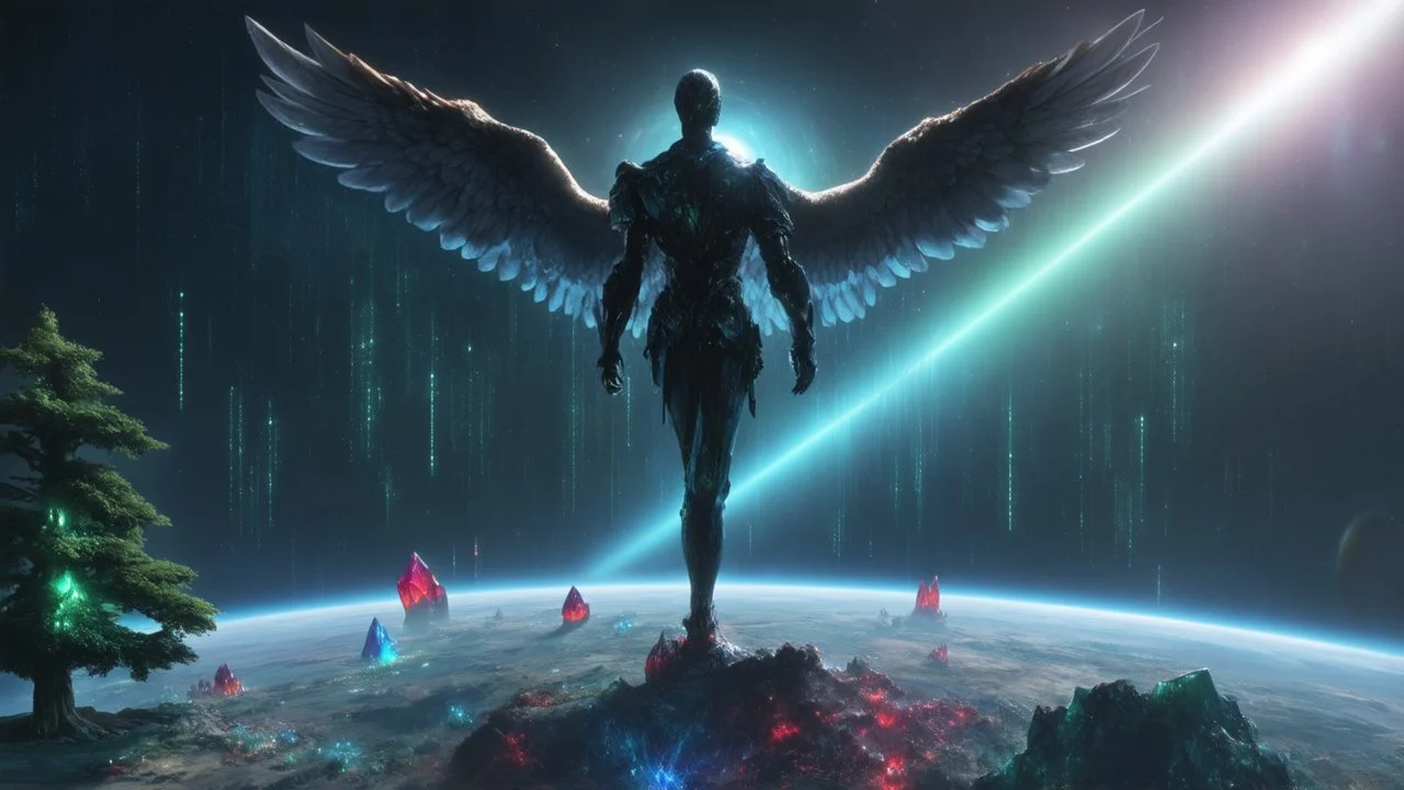 matrix, god creation, few planets on the back ground. small and large monoliths of red, blue, and green crystals of tiberium on the right side, seven space trees on the left side of the angel from the other dimensions.